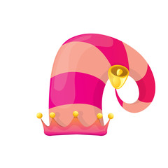 vector funky pink stripped cartoon christmas elf hat isolated on white background. vector kids colorful elf hat icon or label. Christmas decorative design element for banner or poster