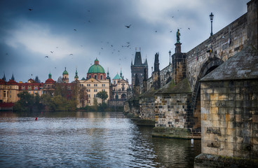 It's evening in the city of Prague. View of the Charles bridge. Czech Republic.