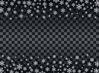 Falling snowflakes on a transparent dark background. Overlay design element. Winter decoration for New Year and Christmas holiday. Vector illustration.