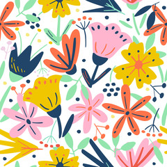 Cute seamless pattern with creative flowers and decorative elements in scandinavian style. Floral template for print, postcards, poster, party, summer background, fabric, vintage textile. Vector.