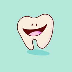 Happy white tooth laughing. Cute cartoon tooth character with face, eyes and hands. The concept for the personage of clinics, dentists, posters, signage, web sites.