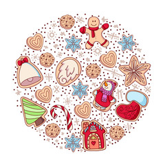Set of vector icons of ginger bread cookies in flat style. Gingerbread men and Christmas tree, star, heart, bell and other holiday symbols baked by hand. 
