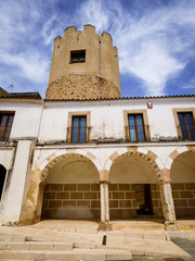 Badajoz, Spain - Circa April 2017: Beautiful medieval/muslim architecture and decoration at Plaza Alta, central square and old medieval market place of Badajoz