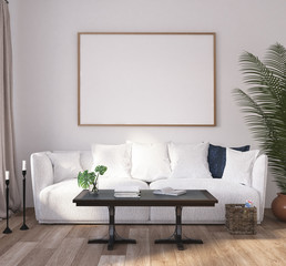 Mock up poster frame in home interior background, Scandinavian style living room, 3D render