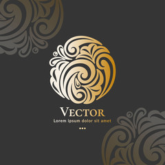 Gold leaf emblem. Elegant, classic vector. Can be used for jewelry, beauty and fashion industry. Great for logo, monogram, invitation, flyer, menu, brochure, background, or any desired idea.