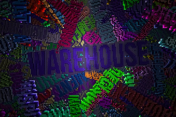 Keyword of Warehouse. Colorful 3D rendering. Abstract shape composition, geometric structure block. Wallpaper for graphic design.
