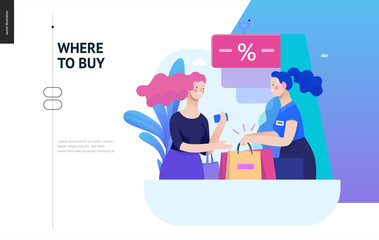Business series, color 2 - where to buy - modern flat vector illustration concept of a customer and a shop assistant. Selling interaction and purchasing process. Creative landing page design template
