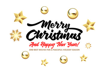 Merry Christmas, and Happy New Year lettering with golden Christmas stars and balls on a white background. Happy New Year card design. Vector illustration EPS 10 file.