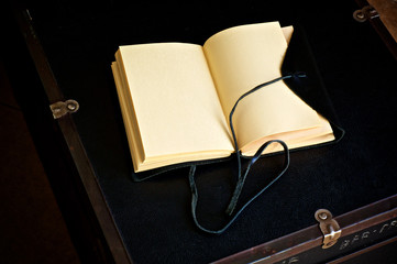 Looking down on an open leather bound journal book, the pages are blank and is resting on the top...