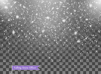 Falling snow, random elements. New year, Christmas decor overlay. Vector illustration on isolated transparent background.