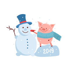 funny card design with cartoon pig and snowman