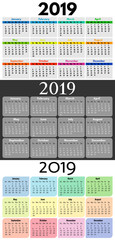 Set of three 2019 Sunday to Monday Calendars