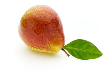 Fresh bio pear with leaves on isolated white background.