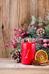 Christmas greeting card. Festive decoration on wooden background. New Year concept. Copy space.  Flat lay. Top view.