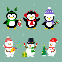 New Year and Christmas card. Set of three penguins and three snowmen characters in different hats and poses in winter. Christmas tree, gifts, confetti. Cartoon style, vector
