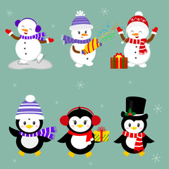 New Year and Christmas card. A set of three penguins and three snowmen characters in different hats and poses in winter. Gift boxes, crackers with confetti. Cartoon style, vector