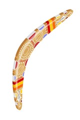 Boomerang with tribal pattern in isometric style on a white background. The subject of hunting and entertainment. Children's toy with an ethnic pattern. The object of ancient people.