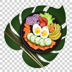 White round poke bowl with salmon, avocado,cucumber, egg, onion rings and tomato on a tropical leaf with chopsticks on a white background. Trend Hawaiian food. Vector illustration of healthy food.