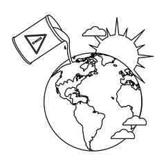 Oil barrel spilling on world black and white