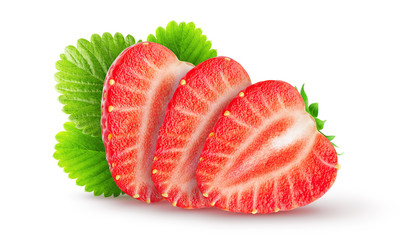 Isolated strawberries with leaves. Sliced strawberry fruits isolated on white background, with clipping path