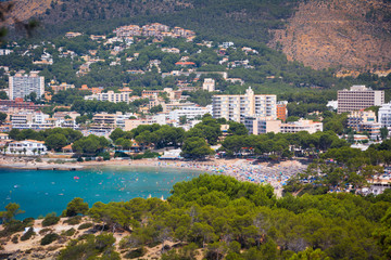 Fototapeta na wymiar Peguera, Cala Fornells, Mallorca, Spain - July 24, 2013: View of Peguera and Cala Fornells from the side of Santa Ponsa