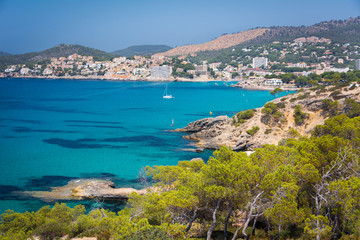 Fototapeta na wymiar Peguera, Cala Fornells, Mallorca, Spain - July 24, 2013: View of Peguera and Cala Fornells from the side of Santa Ponsa
