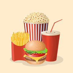 Burger with soda cup, popcorn and french fries - cute cartoon colored picture. Graphic design elements for menu, poster, brochure. Vector illustration of fast food for snackbar, cafe or restaurant.