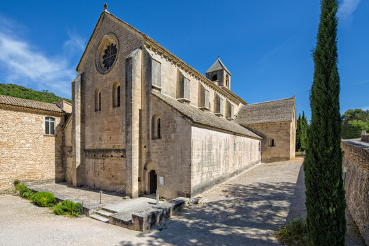 Front of  Abbaye Notre-Dame de Senanque. The abbey church of the monastery Notre-Dame de Senanque, Provence, Gordes,  Luberon, Vaucluse, France