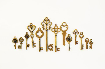 Decorative keys of different sizes, stylized antique.