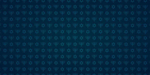Blue seamless pattern with traditional menorah and jewish stars for Happy Hanukkah holiday.