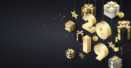 New Year 2019 festive poster with golden 3d gifts and Champagne.