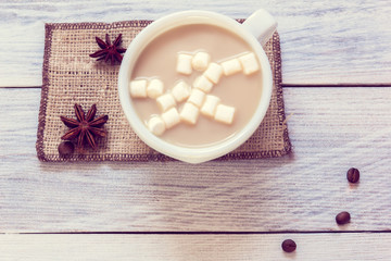 mug with cappuccino and marshmallow on sackcloth with anise