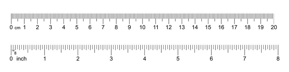 Ruler 20 cm, 8 inch. Set of ruler 20 cm 8 inch. Measuring tool. Ruler scale. Grid cm, inch. Size indicator units. Metric Centimeter, inch size indicators. Vector - obrazy, fototapety, plakaty