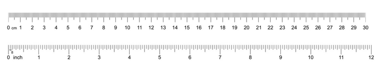 Ruler 30 cm, 12 inch. Set of ruler 30 cm 12 inch. Measuring tool. Ruler scale. Grid cm, inch. Size indicator units. Metric Centimeter, inch size indicators. Vector