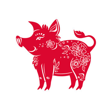 Chinese Zodiac Sign Year of Pig. Red pattern pig. Happy Chinese New Year 2019.