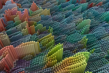 Obraz premium Colorful 3D rendering. Abstract shape composition, geometric structure block. Wallpaper for graphic design.
