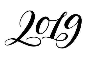 Christmas and New Year celebratory winter text: 2019. Isolated vector, calligraphic phrase. Hand calligraphy. Merry holiday design for banners, prints, photo overlays, posters, greeting card.