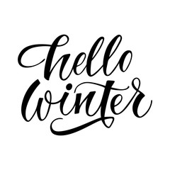 Fototapeta na wymiar Christmas and New Year celebratory text: Hello winter. Isolated vector, calligraphic phrase. Hand calligraphy. Merry holiday design for banners, prints, photo overlays, posters, greeting card.
