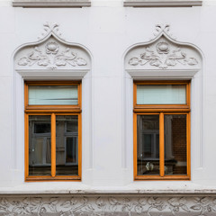Germany Thuringen, two windows of  vintage art deco building facade