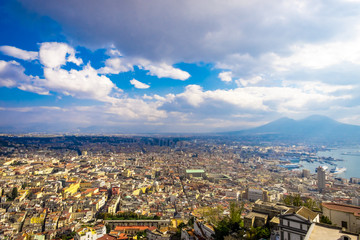 Fototapeta na wymiar Panorama of Naples, view of the port in the Gulf of Naples and Mount Vesuvius.