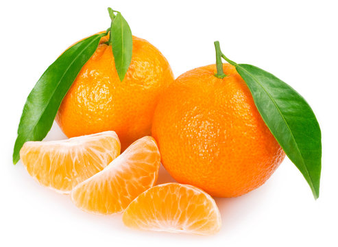 Fresh mandarin with leaf on white background