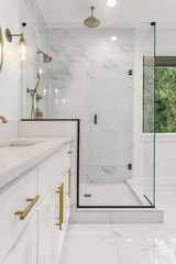 Bathroom Detail: Shower and Vanity in Ensuite Master Bathroom in New Luxury Home. Features Elegant...