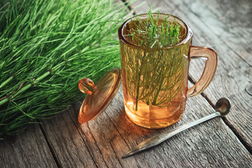 Vintage glass cup of healthy tea or infusion and bunch of horsetail herbs on wooden table. Herbal...