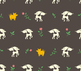 Seamless pattern of white horses, yellow-golden boars and pink flowers. Flat vector graphics for design.