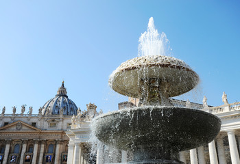 Fountain in the square in front of St. Peter's Cathedral. Vatican City, Vatican State.