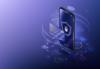 Internet banking concept. Isometric mobile phone banner. Online payment, security transaction via credit card. Wireless pay through phone. Digital technology transfer pay.