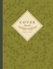 Cover book decorated with hand-drawn olive branches pattern and label with sample text and handmade text divider.