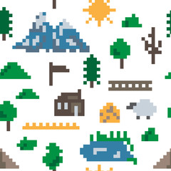 Land map in pixel art style with mountains, forest and house. Pixel seamless background with nature icons and elements.