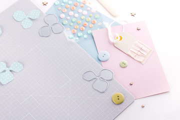 Making diy project. Paper decoration. Craft tools and supplies for scrapbooking. Season home flower decor.