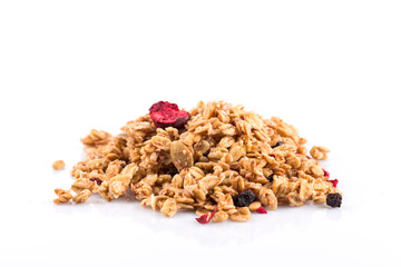 Muesli oat cereals close up background with dry fruits